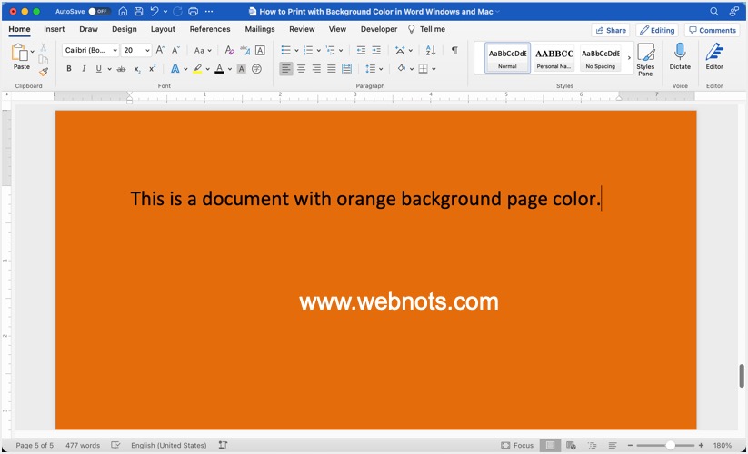 带有背景页面颜色的 Word 文档