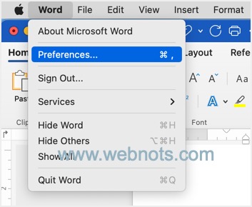 在 Mac 中打开 Word 首选项