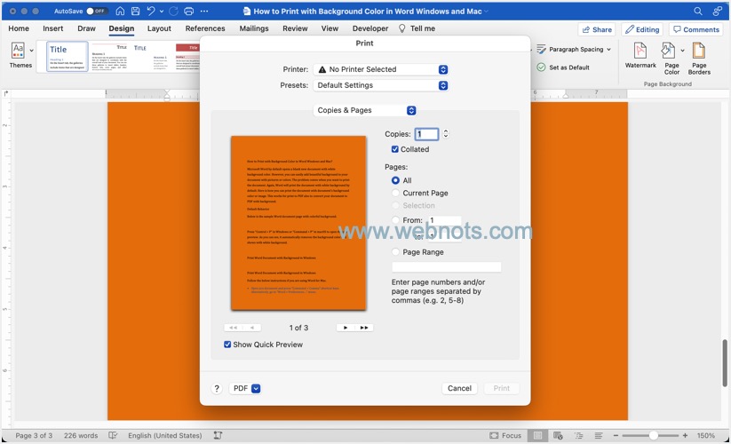 Word for Mac 显示带背景的打印预览