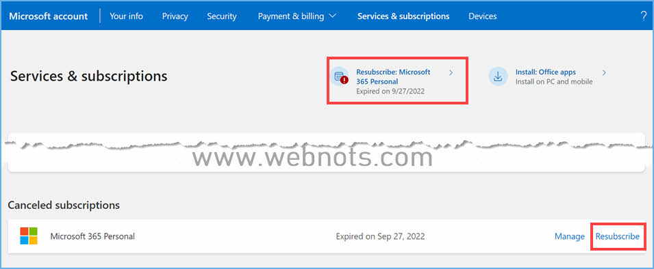 从 Microsoft 帐户重新订阅 Office 应用