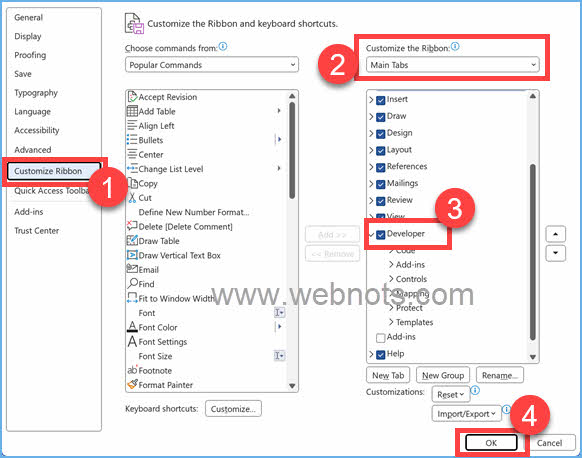 在 Windows Word 中启用 Word 开发人员菜单