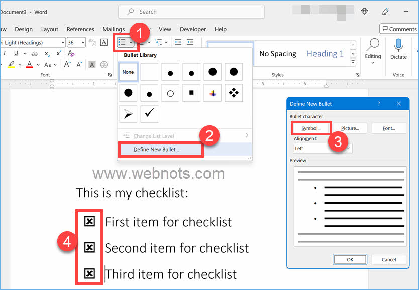 为复选框插入自定义项目符号