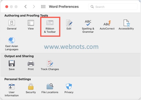 Word 功能区和工具栏首选项