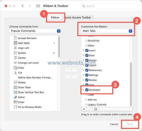 在 Word for Mac 中启用开发人员菜单