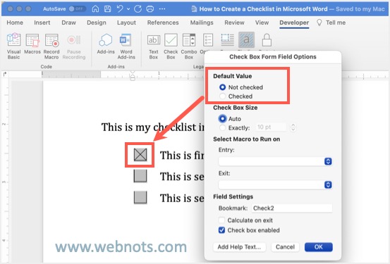 选中或取消选中 Word Mac 清单中的框