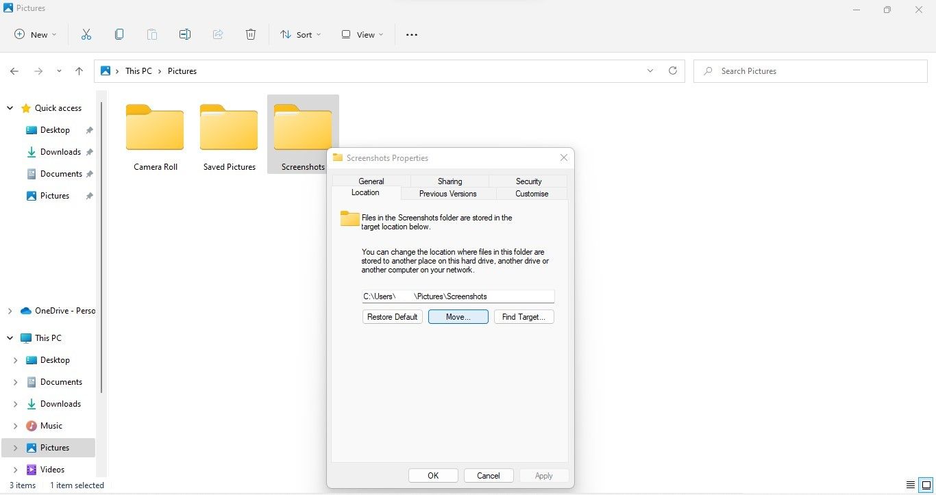 在 Windows 文件资源管理器的屏幕截图文件夹的属性窗口中导航到位置选项卡后单击移动按钮
