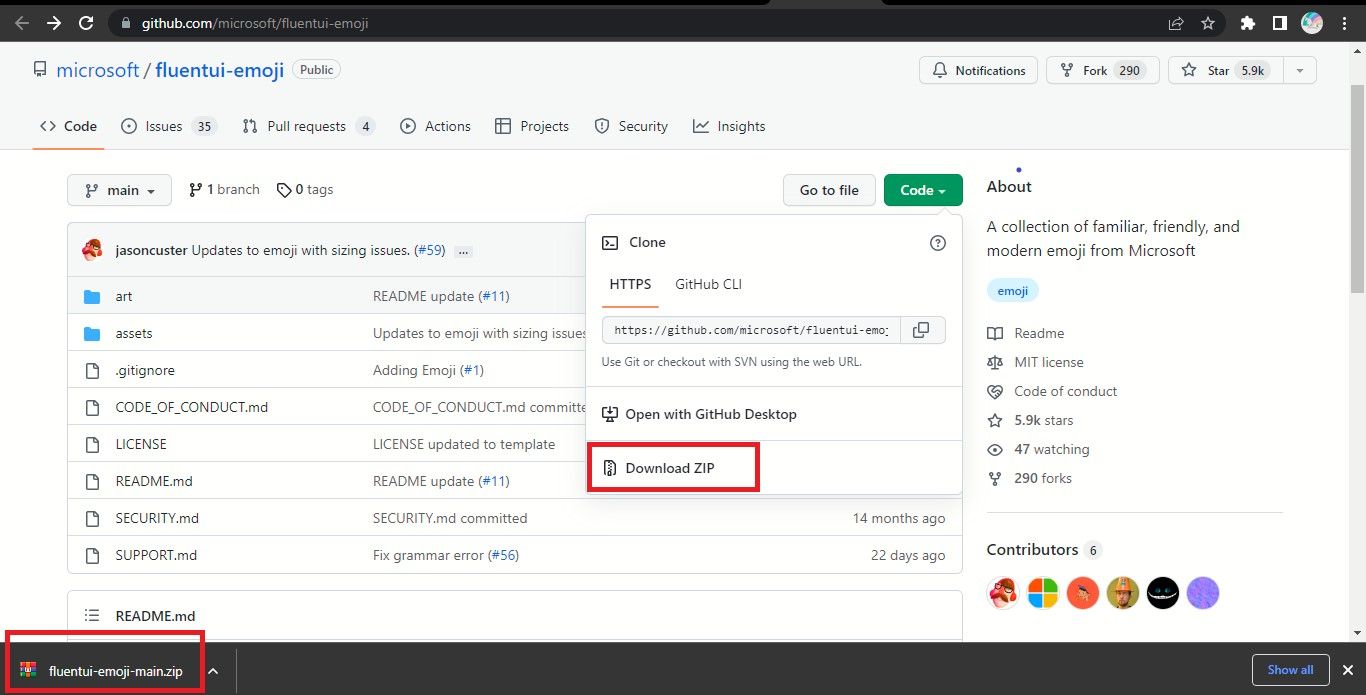 从 GitHub 下载 Fluent Emoji Zip 文件