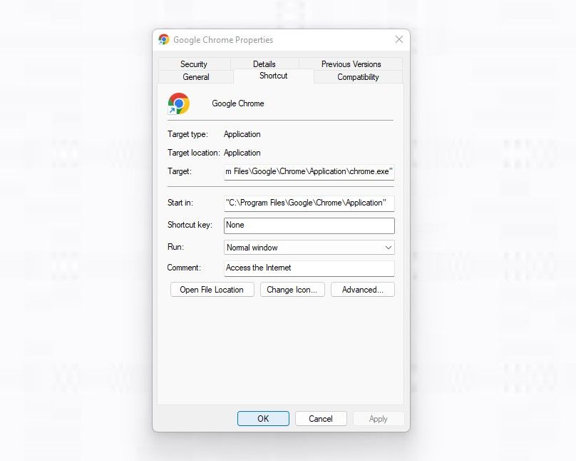 检查 Chrome 的目标字段;在 Windows 的属性窗口中的快捷方式