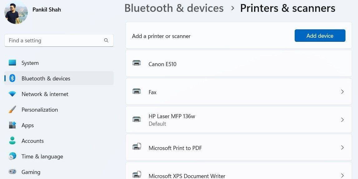 Windows 设置应用程序中的打印机和扫描仪