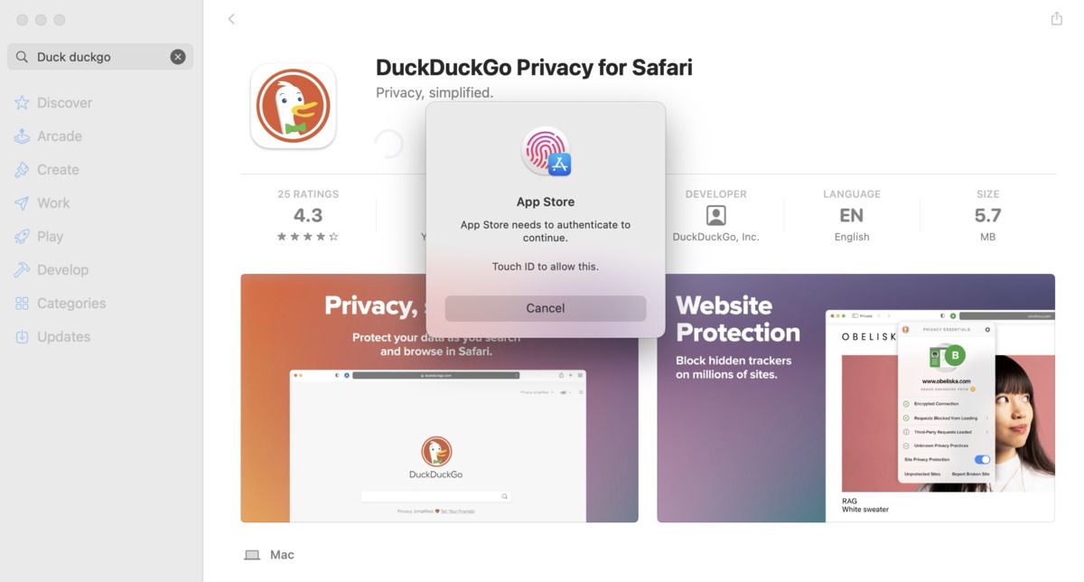 安装 DuckDuckGo Privacy Essentials 的 Mac 身份验证屏幕截图 