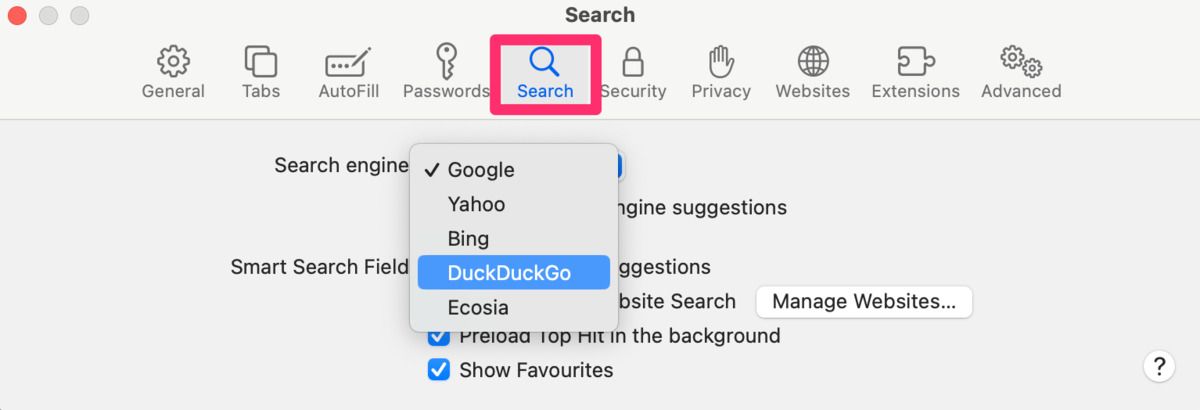 Safari 将 DuckDuckGo 设为默认搜索引擎的设置截图 