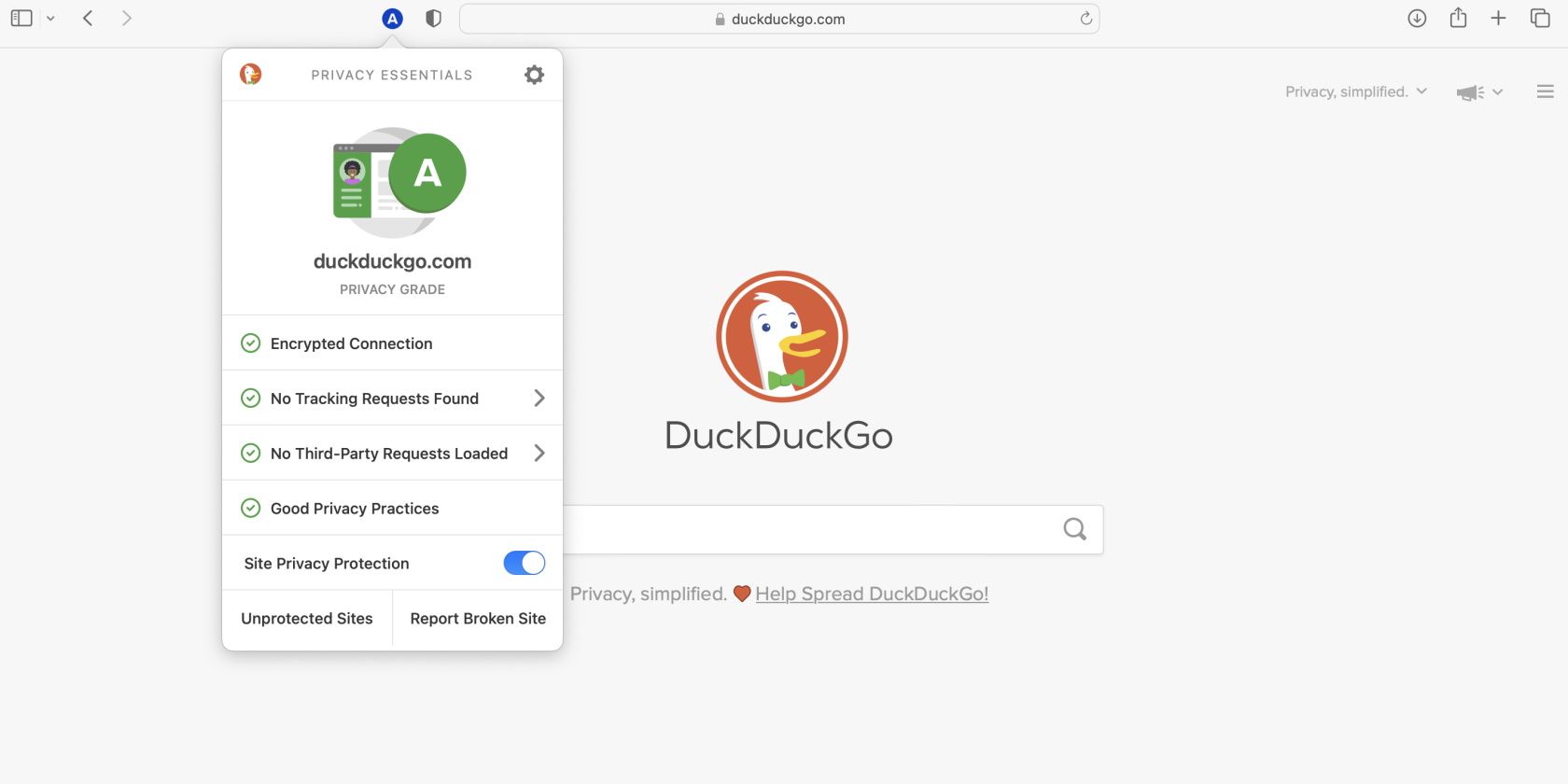 DuckDuckGo.com 隐私状态的屏幕截图 