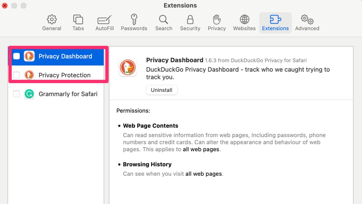 在 Safari 设置中取消选中 DuckDuckGo 保护的屏幕截图 