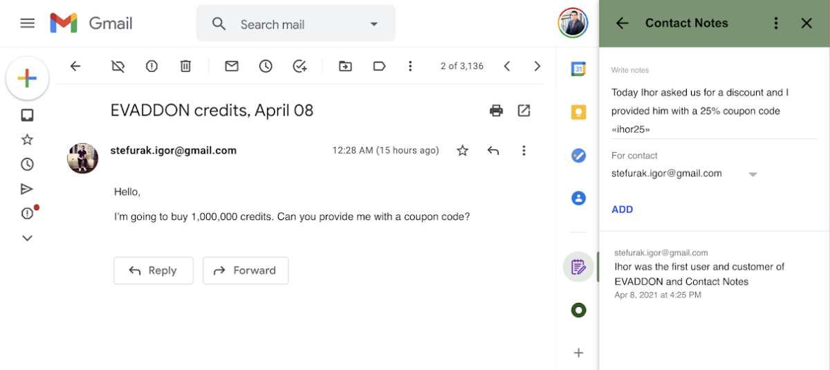 Contact Notes CRM 是一款适用于桌面和移动设备的 Gmail 附加组件，用于撰写有关任何客户或顾客的笔记，因此当他们再次向您发送邮件时，您可以了解过去的互动和个人想法