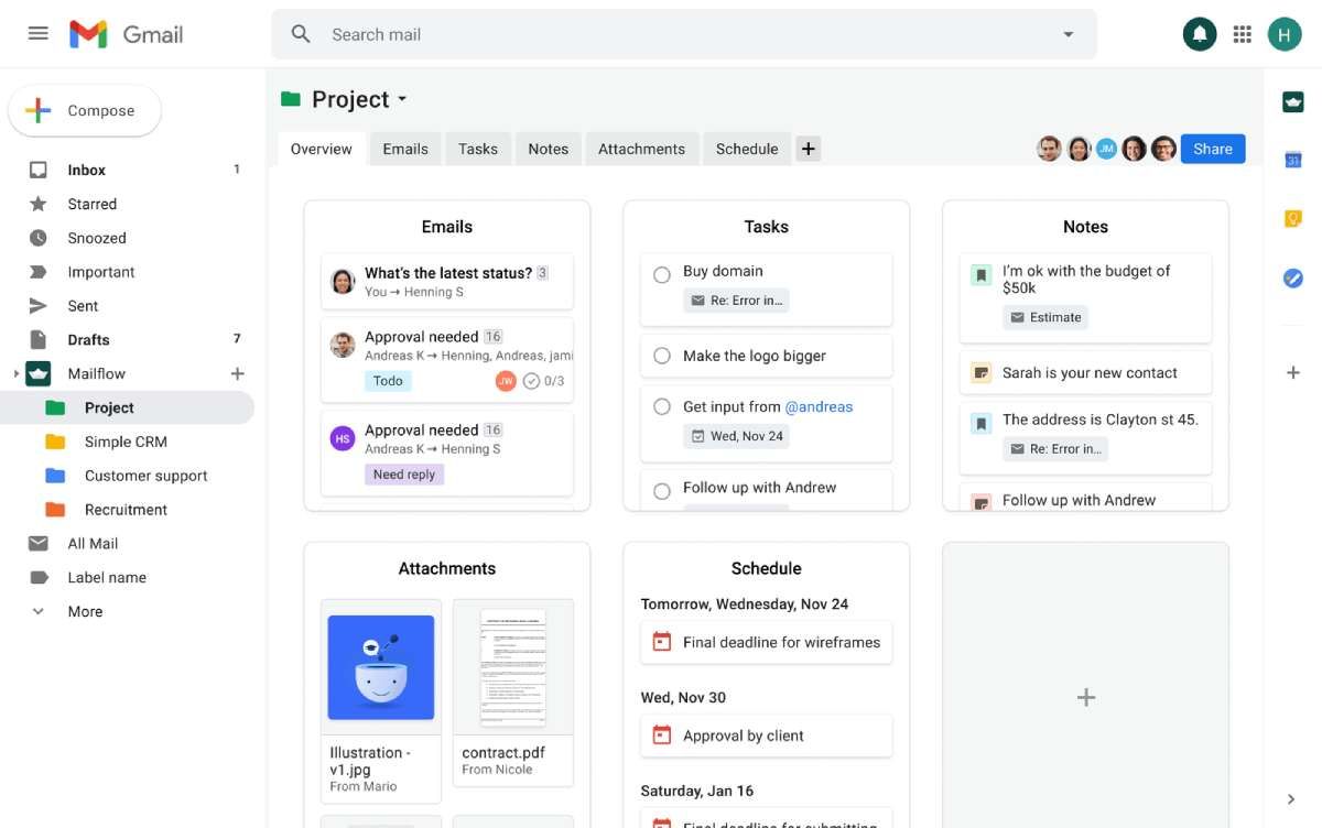 Mailflow 是一个强大的 Gmail 电子邮件管理系统，它为您提供了一个仪表板来管理您的项目，自动导入任务和日程安排，并允许您通过分配待办事项、发表评论和添加注释来与您的团队协作