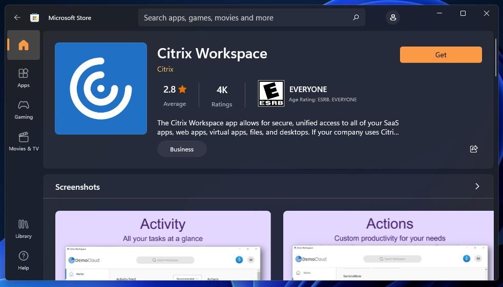 Citrix Workspace 的获取按钮