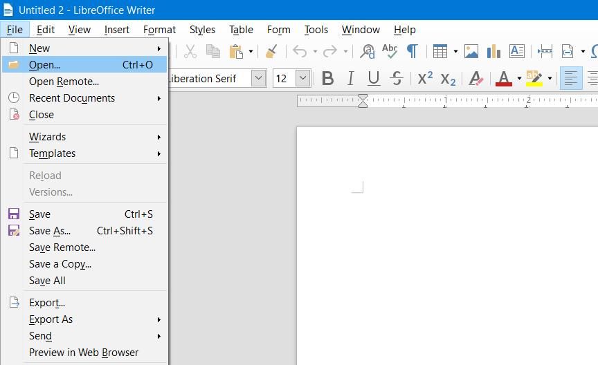 LibreOffice 的文件菜单 