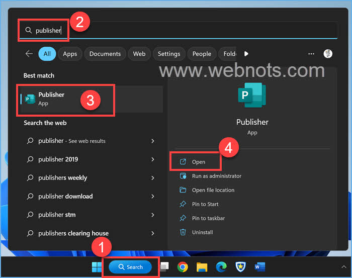 在 Windows 11 中打开 Publisher 应用程序