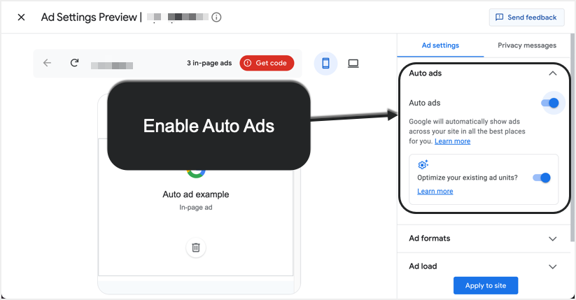 在 AdSense 帐户中启用自动广告