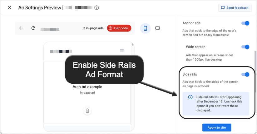 在 AdSense 自动广告中启用 Side Rails 广告格式