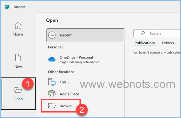 在 Publisher 应用程序中浏览和打开 Word 文档