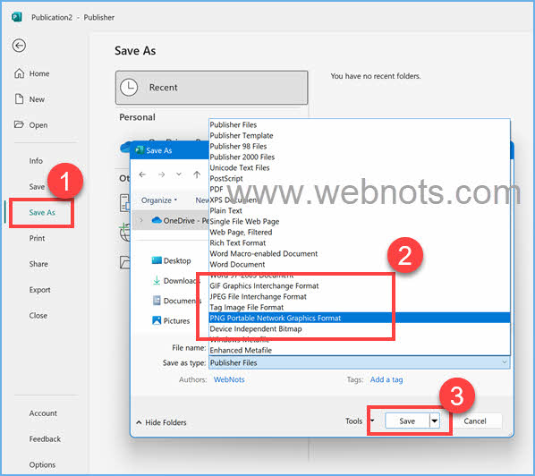 另存为 Publisher 文档并选择图像格式
