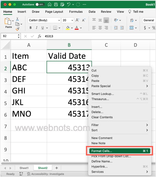 Excel 右键单击​​菜单中的格式单元格选项