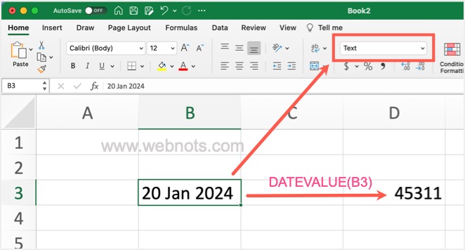 带有文本单元格的 DATEVALUE 结果