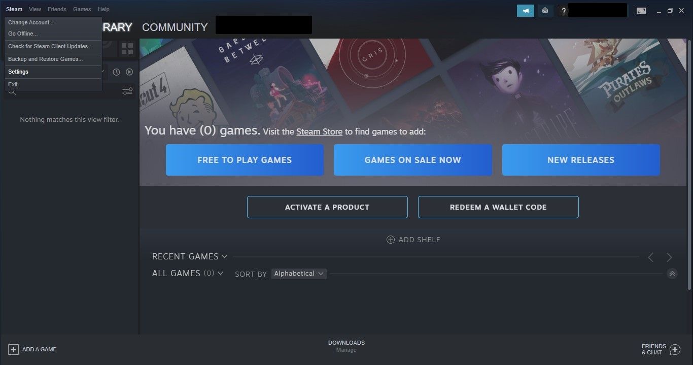 在 Windows 版 Steam 客户端中从 Steam 下拉菜单打开 Steam 设置