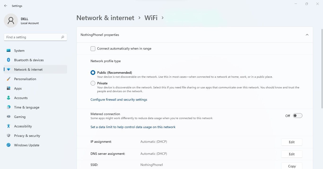 在 Windows 设置应用程序的 Wi-Fi 选项卡下关闭计量连接选项旁边的开关