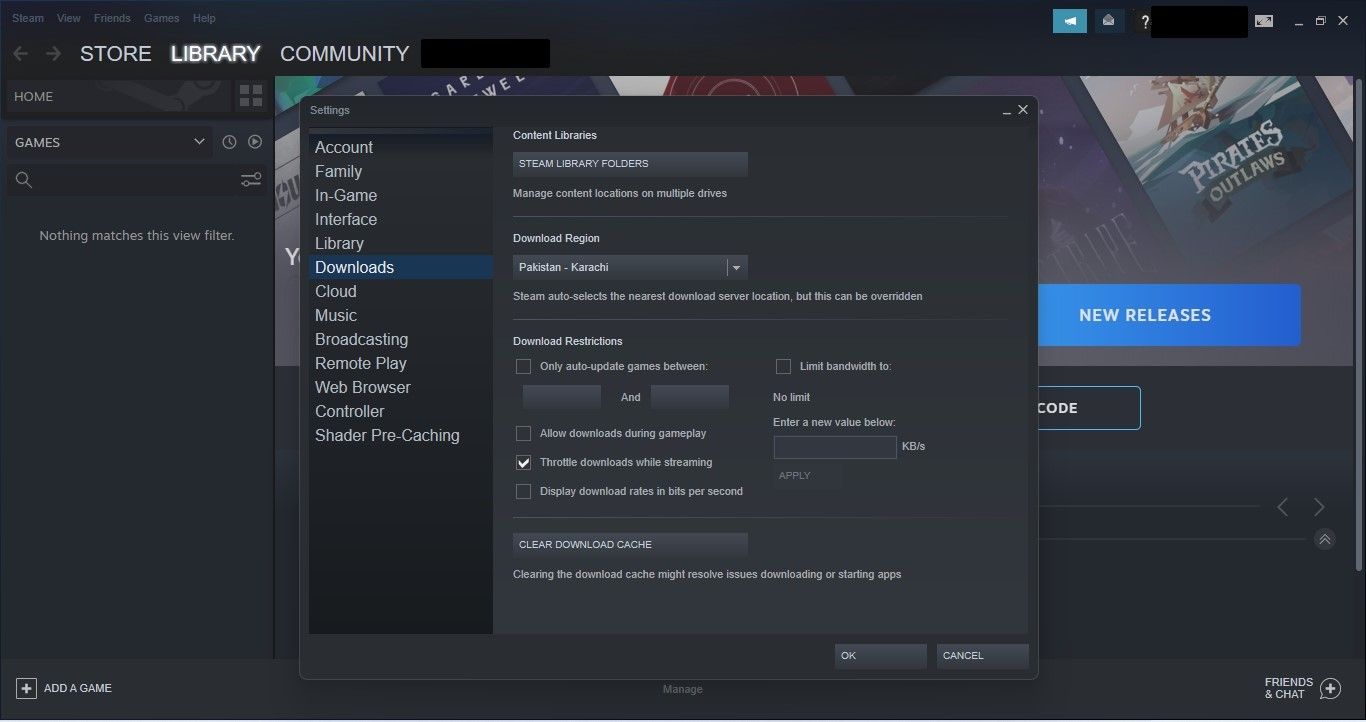 取消选中 Steam 设置的下载选项卡中的限制带宽框