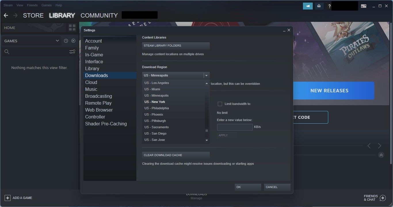 通过单击 Steam 设置的下载选项卡中的下载区域下拉菜单选择附近最近的服务器