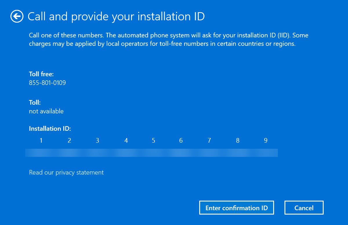 Windows 激活要求调用并提供安装 ID