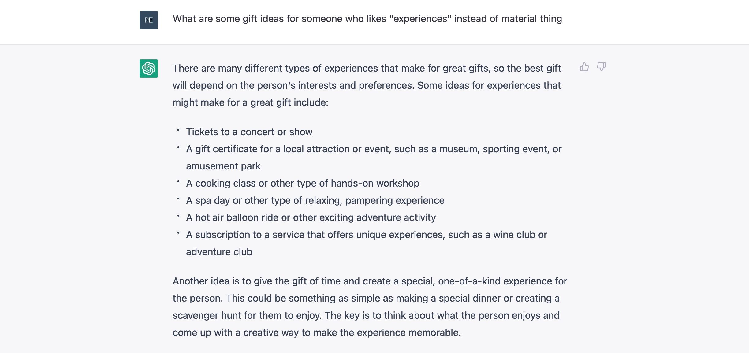 ChatGPT 为喜欢体验胜过物质的人推荐礼物创意