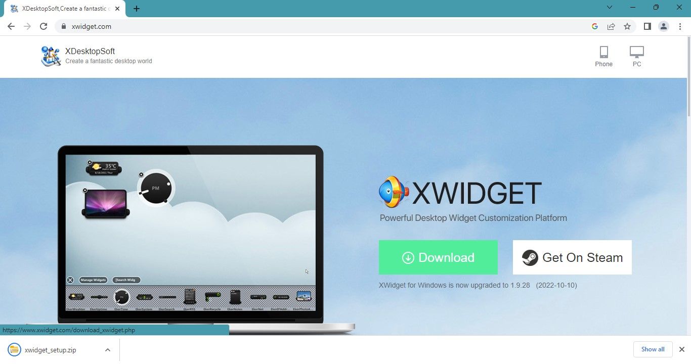 XWidget 网站上的 XWidget 下载屏幕