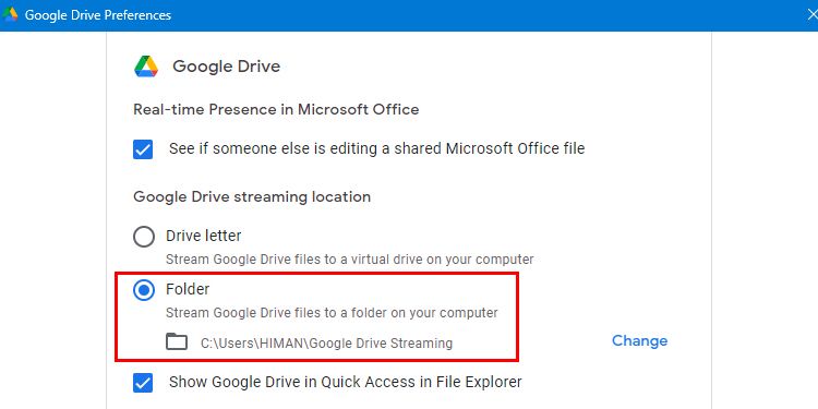 Google Drive Streaming 位置选项