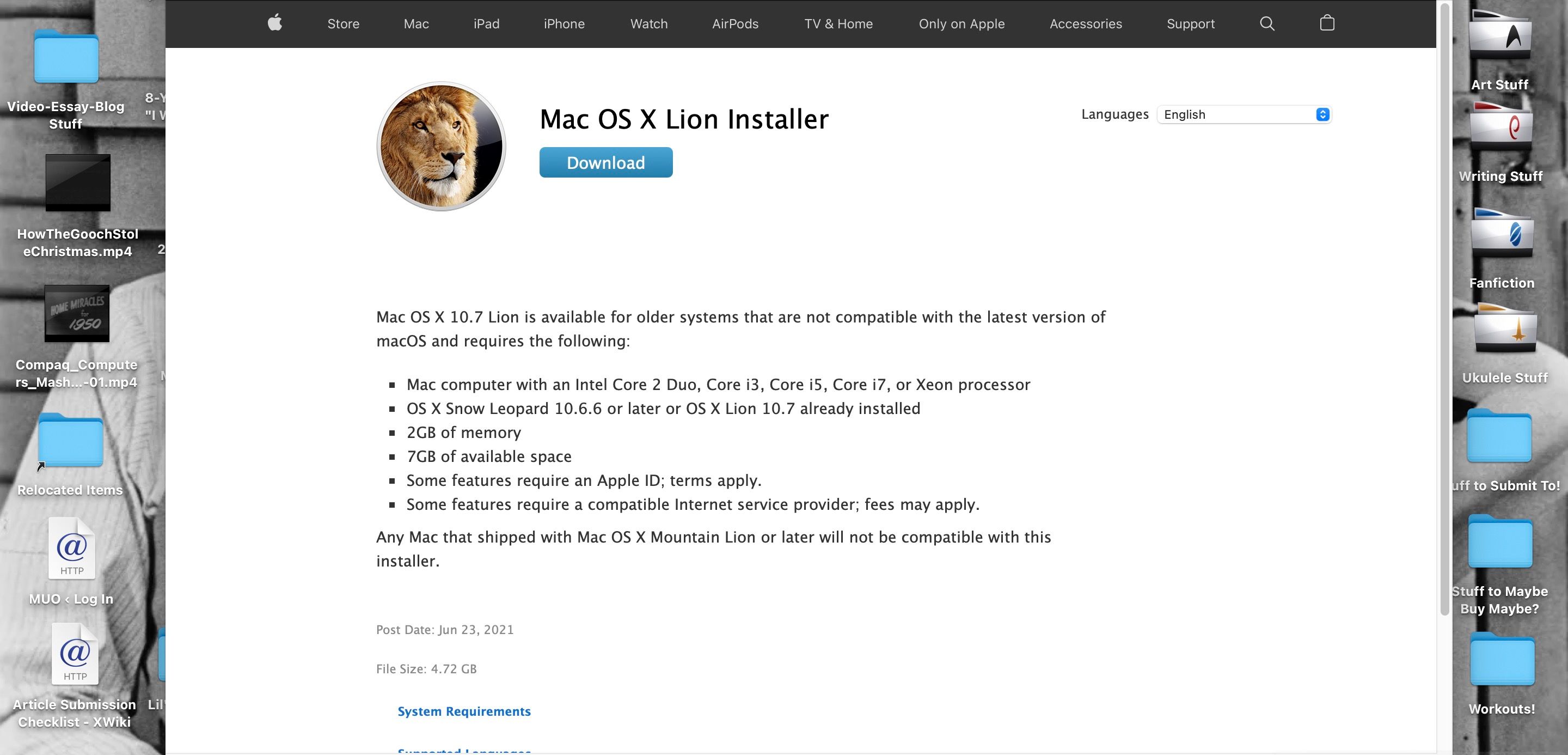 Apple 网站上的 Mac OS X Lion 安装程序页面