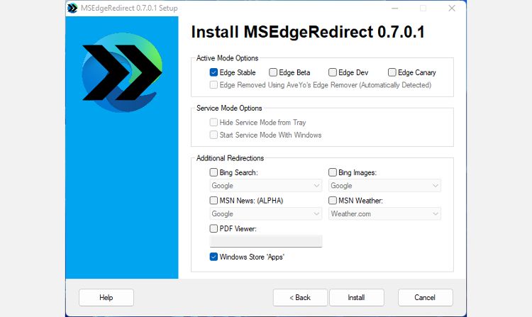 MSEdgeRedirect 应用程序中的浏览器选项