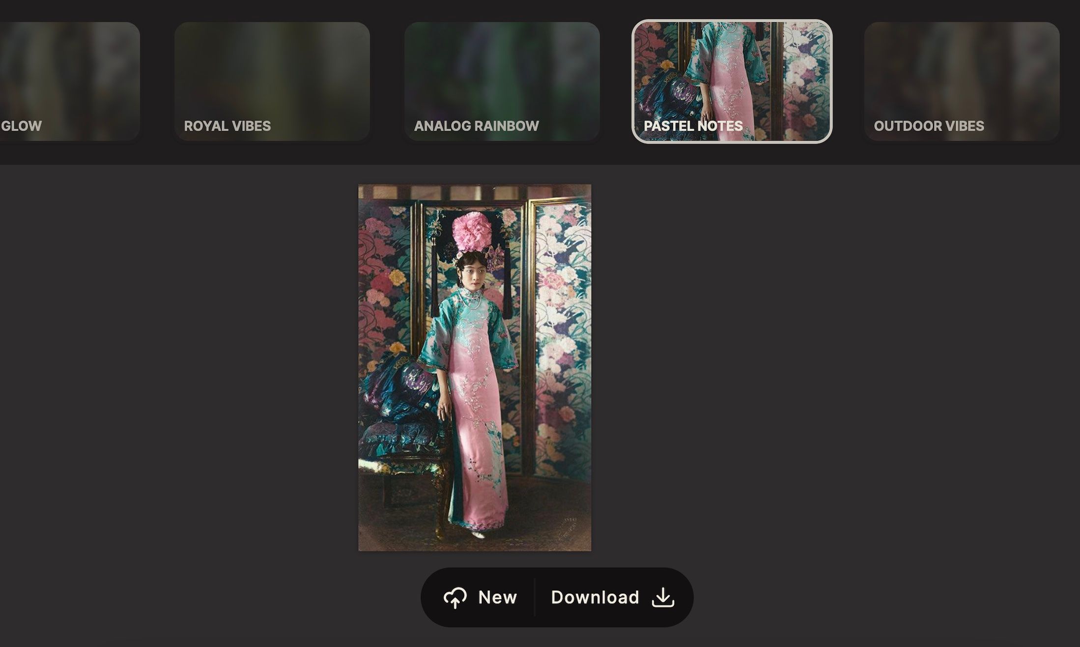 Palette.fm 上的 Pastel Notes 颜色配置文件适用于穿裙子的女性图像。