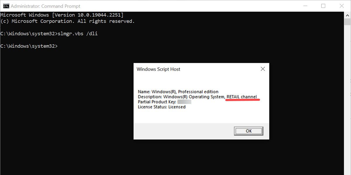 带有显示许可证类型的 Windows 脚本宿主窗口的命令提示符窗口