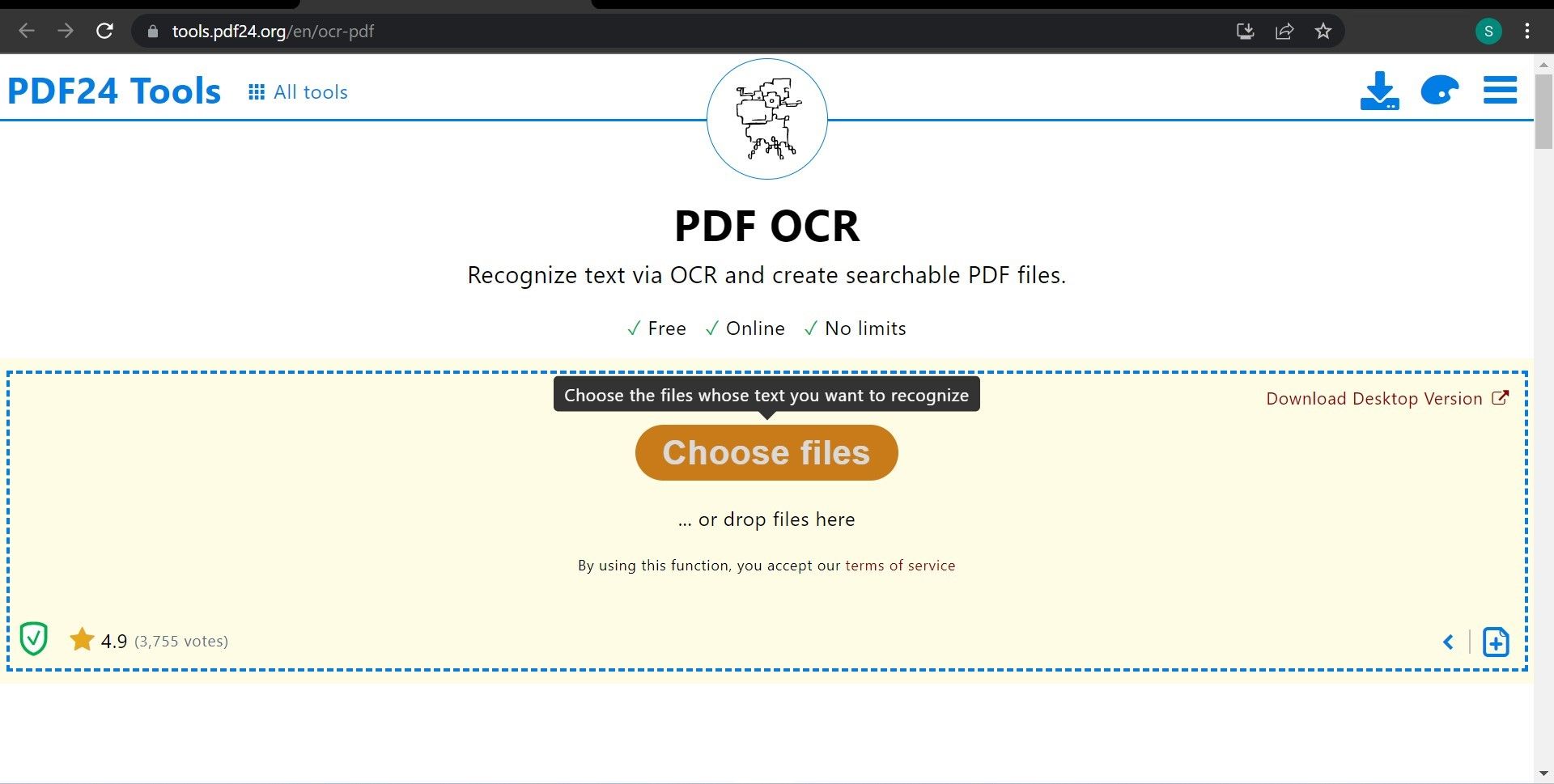 单击 PDF OCR 工具上的选择文件按钮 