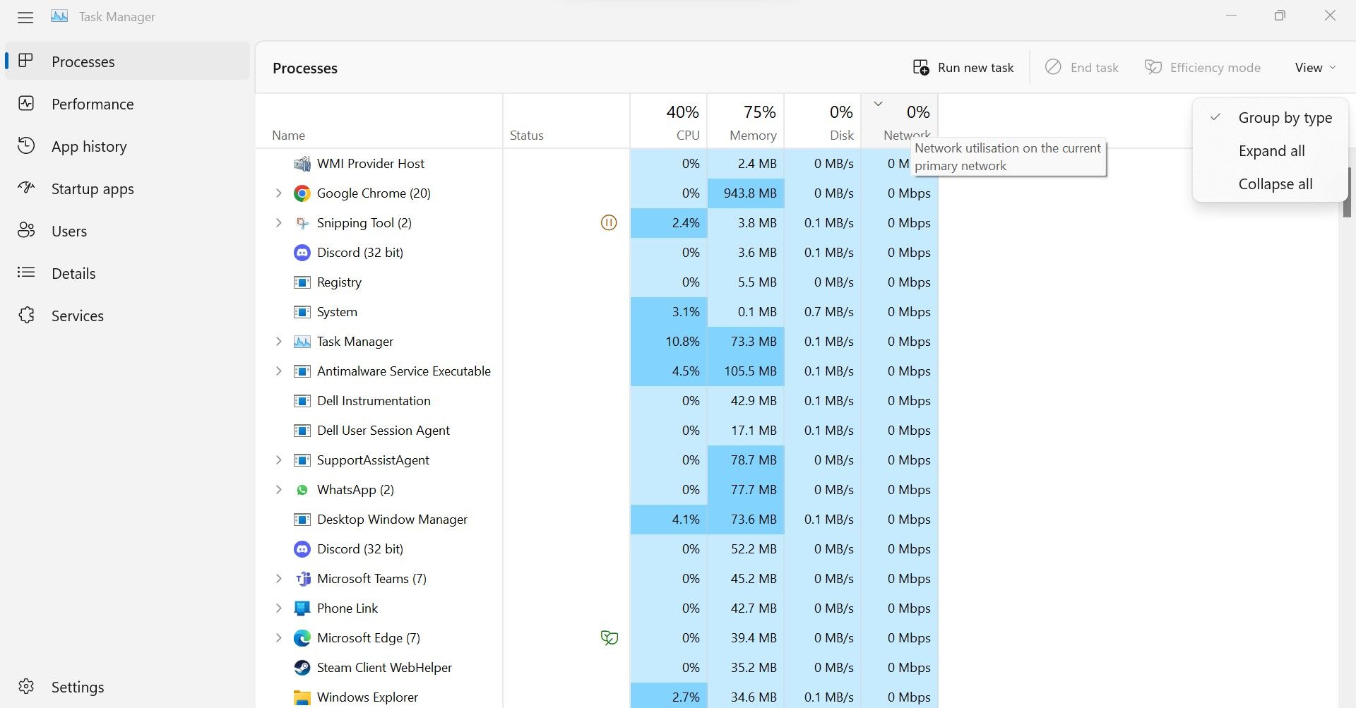 单击 Windows 任务管理器的进程选项卡中的网络列