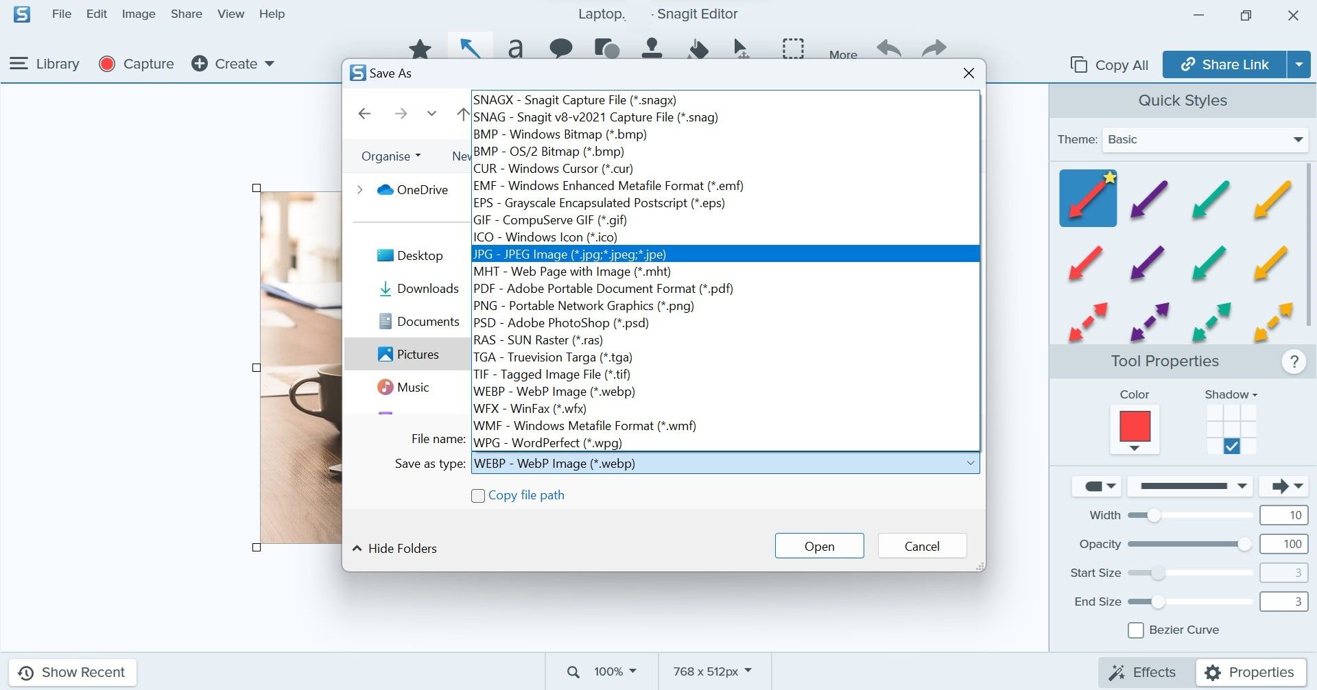 在 Windows 上从另存为类型下拉菜单中选择一种格式后单击保存按钮