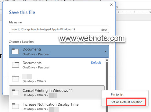 从 Word 中的保存对话框设置默认保存位置