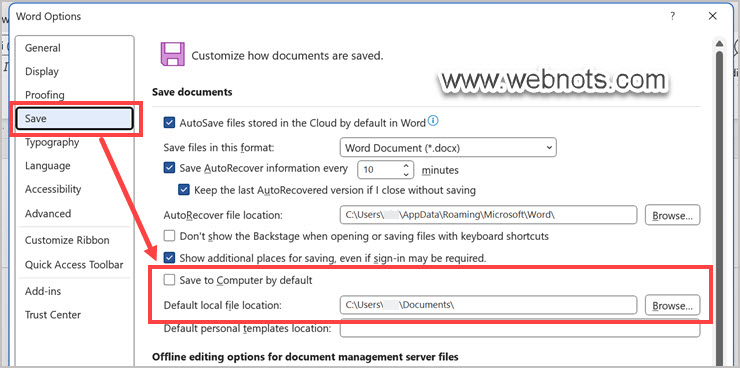 从 Word 选项更改默认保存位置