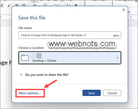 选择更多选项以选择用于保存 Word 文档的子文件夹