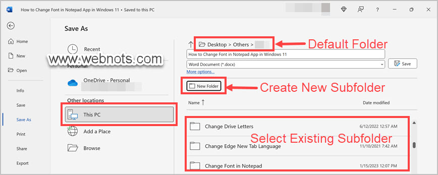 在默认位置下选择或创建子文件夹