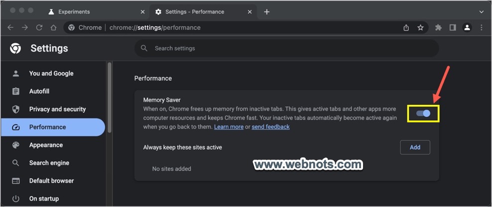 在 Chrome 性能设置中打开内存保护程序