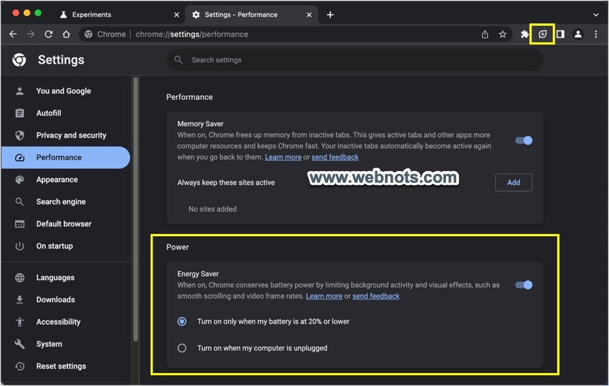 Chrome 性能设置中的节能选项