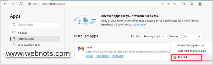 在 Edge 中查看和卸载 Gmail 应用程序